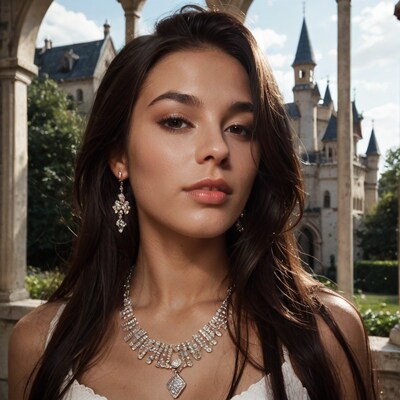 Woman in white dress with jewelry at castle