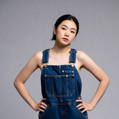 Asian woman in denim overalls