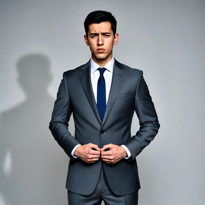 Young man in suit adjusting tie