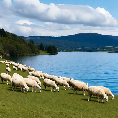 Sheep grazing by lake