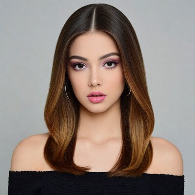 Woman with balayage hair and pink lipstick