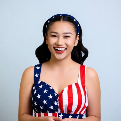 Asian woman in American flag dress smiling