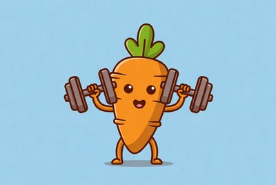 Cartoon carrot lifting dumbbells