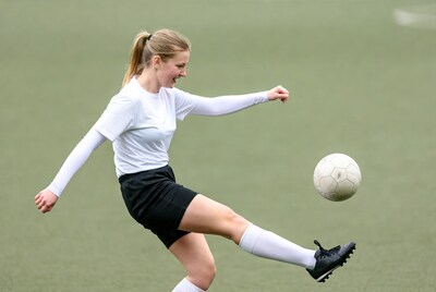 Girl kicking soccer ball on field