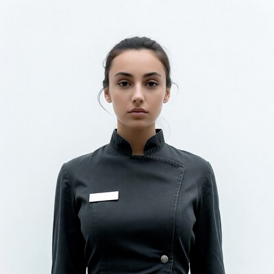 Woman in black uniform on white background