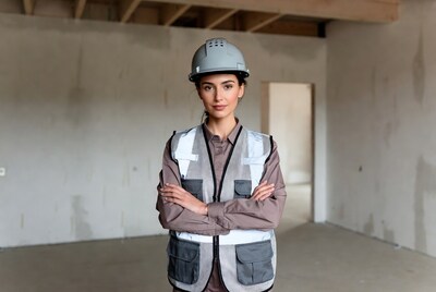 Woman in hard hat and vest arms crossed