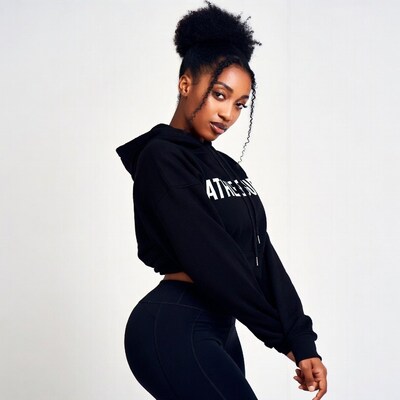 African-American woman in black hoodie leggings