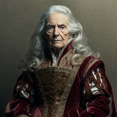 Elderly woman in Renaissance red gown