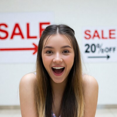 Excited girl smiling at sale signs