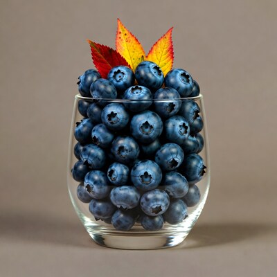 Blueberries with autumn leaves in glass