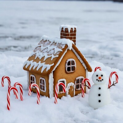 Gingerbread house with snowman and candy canes