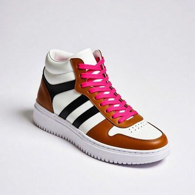 White brown high-top sneakers pink laces
