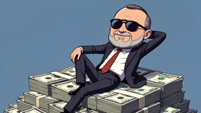 Cartoon man lounging on money pile