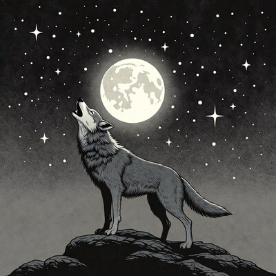 Wolf howling at moon on cliff