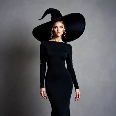 Woman in black witch hat and dress
