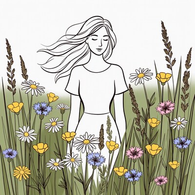 Woman standing in wildflower field illustration