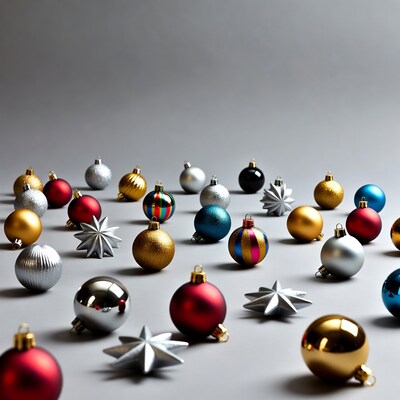 Colorful Christmas baubles on gray background