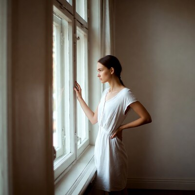 Woman gazing out window