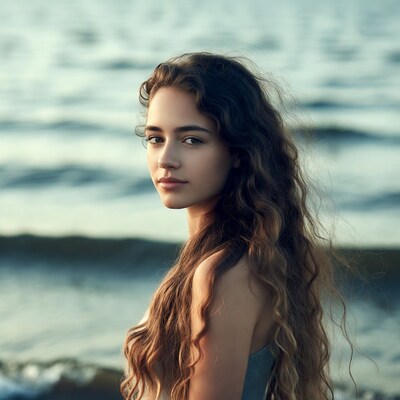 Woman with curly hair by sea