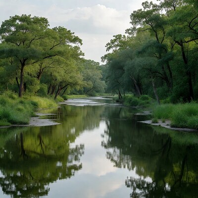 River flowing through green trees with reflections