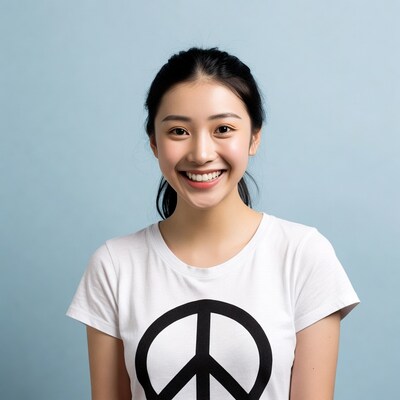 Asian girl smiling in peace sign t-shirt