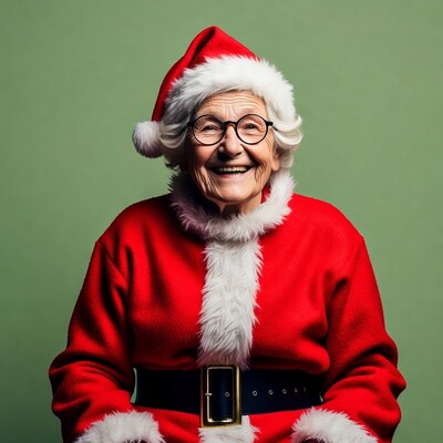 Elderly woman in Santa suit smiling