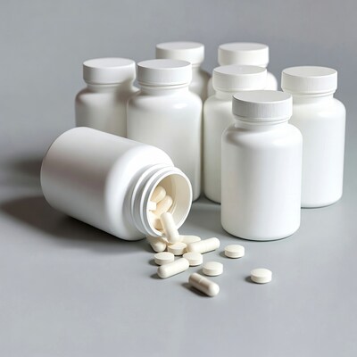 White pill bottles spilling capsules