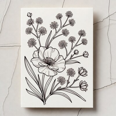 Line Art Flowers with Buds and Leaves