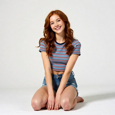 Smiling redhead girl kneeling in striped top