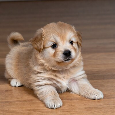 Fluffy golden puppy on floor