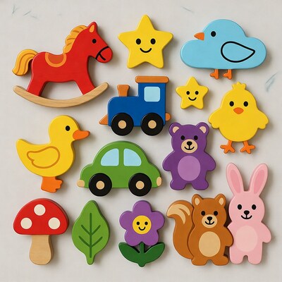 Colorful wooden toy animals and shapes