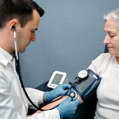 Doctor checking elderly woman's blood pressure