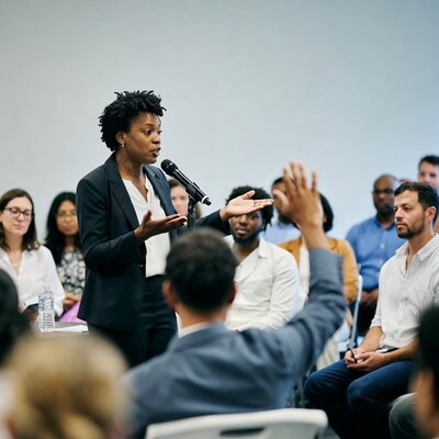 African-American woman speaking at meeting