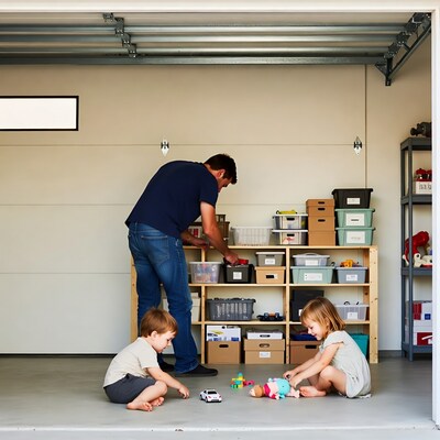 Dad organizing garage with kids playing toys