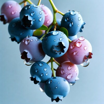 Blueberries with water droplets on branch