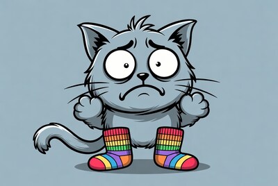 Scared gray cat wearing rainbow socks