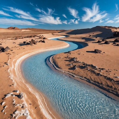 Turquoise river winding through desert