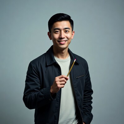 Asian man holding pencil