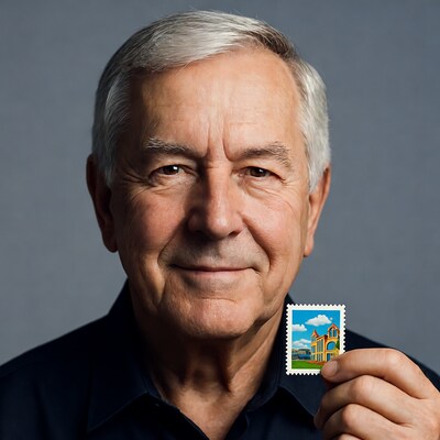 Elderly man holding building stamp