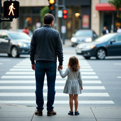 Father holding daughter's hand at crosswalk