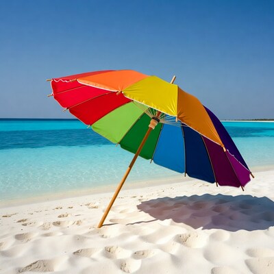 Rainbow Umbrella on Tropical Beach