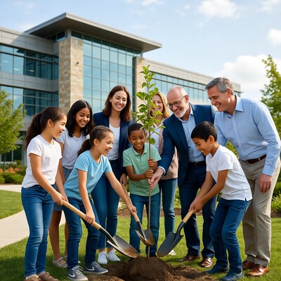 Group planting tree outside office building