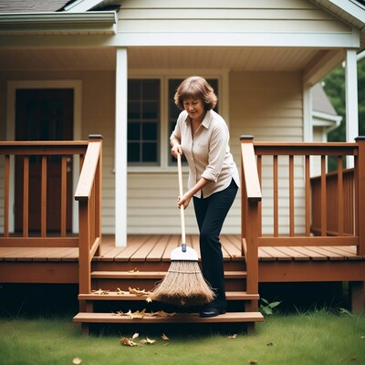 Woman sweeping leaves on porch steps