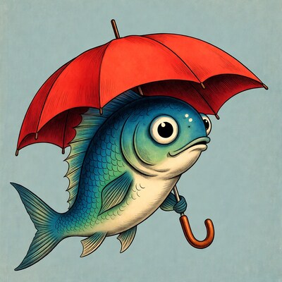 Blue fish holding red umbrella