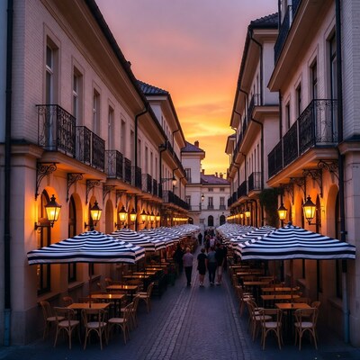 Sunset cafe street with striped umbrellas