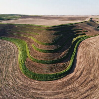 Aerial view of terraced farmland fields