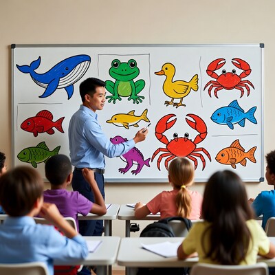 Asian teacher teaching sea animals to kids