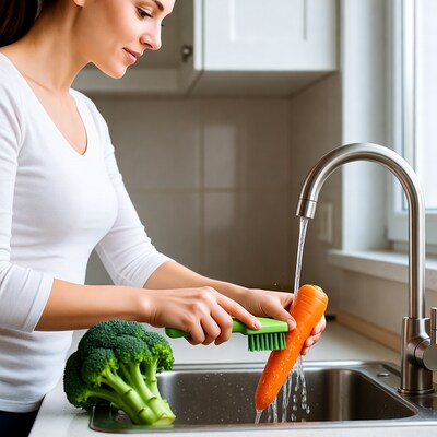 Woman washing carrot broccoli sink