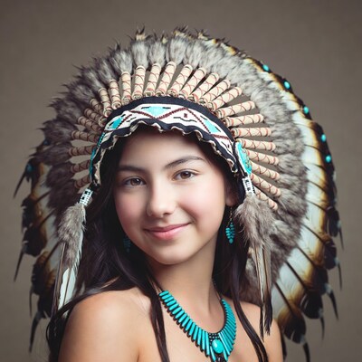 Girl wearing Native American headdress