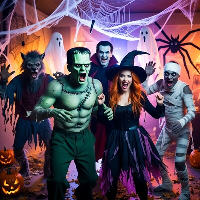 Halloween monsters group posing excitedly